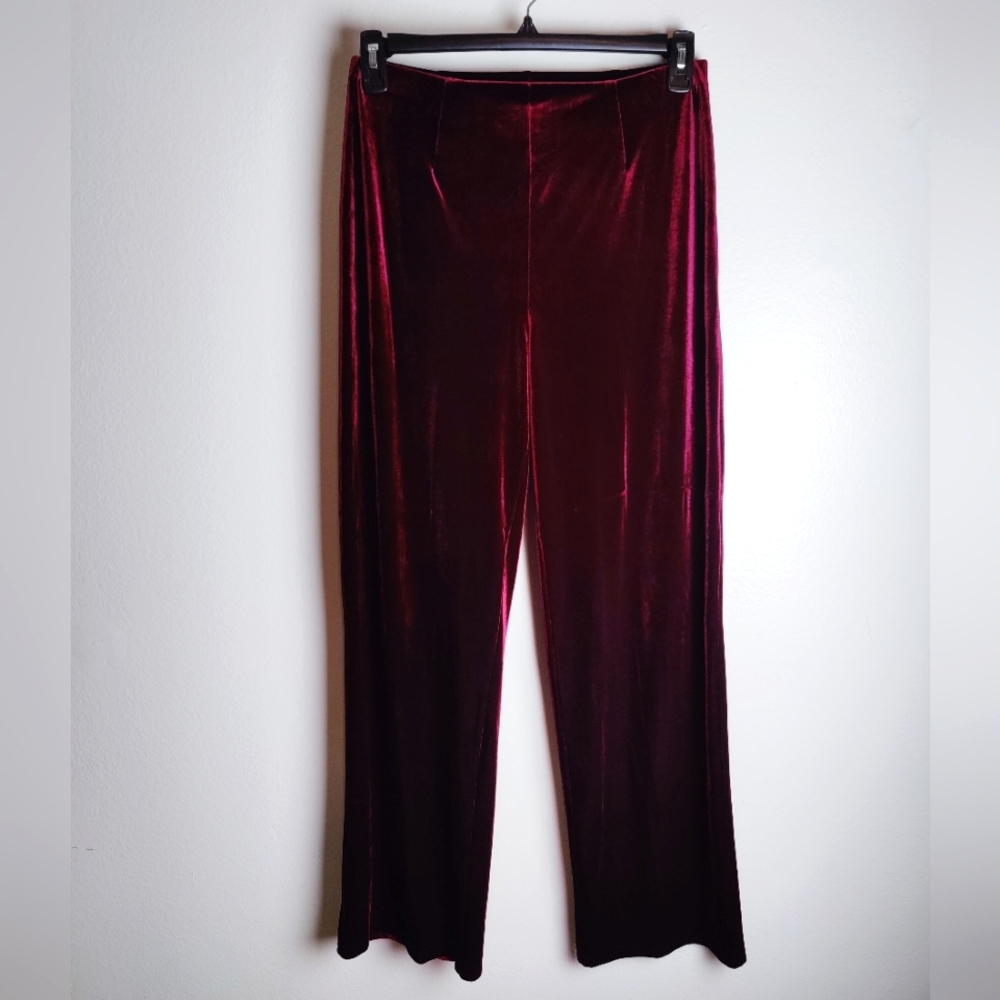 VTG Y2K NY & Co Dark Wine Red Stretch Velour Track Leisure Wide Leg Pants, M